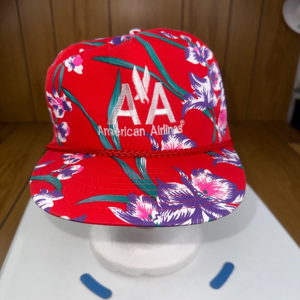 Vintage American Airlines Nissin Cap Red Floral Snapback Hat AA Logo Aviation